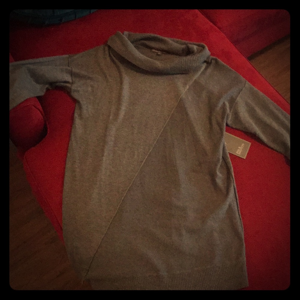 Cowl neck grey asymmetrical sweater